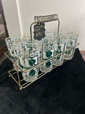 Vintage Glass Tumbler Set with Metal Carrier - Green & Gold Accents